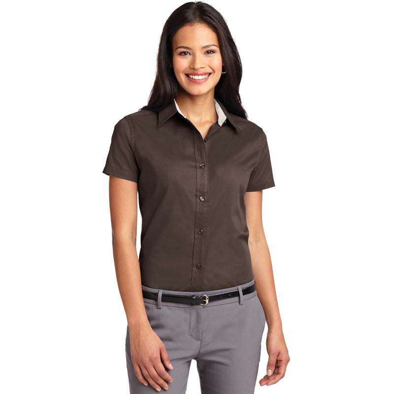 no-logo CLOSEOUT - Port Authority Ladies Short Sleeve Easy Care Shirt-Port Authority-Coffee Bean/Light Stone-XS-Thread Logic