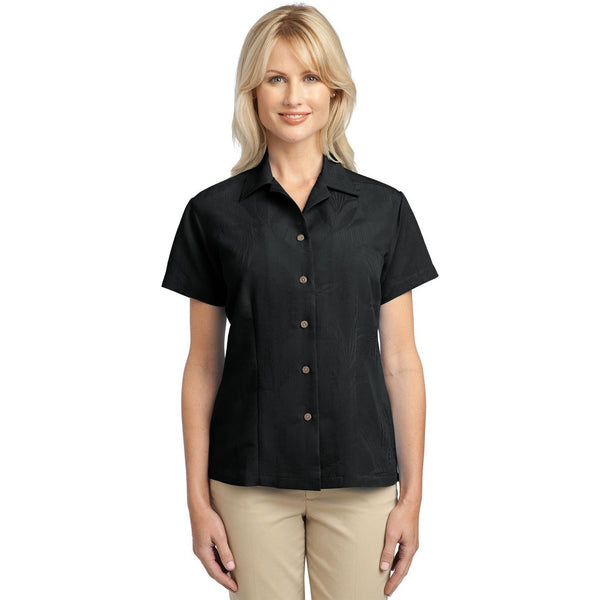 no-logo CLOSEOUT - Port Authority Ladies Patterned Easy Care Camp Shirt-Port Authority-Black-XS-Thread Logic