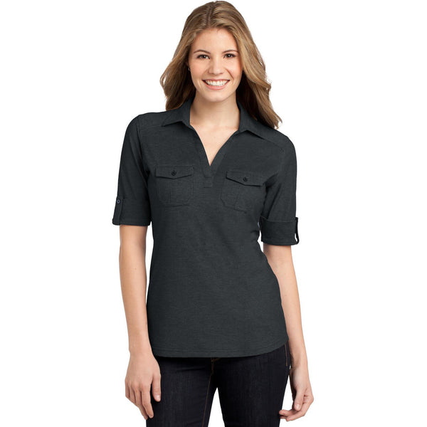 no-logo CLOSEOUT - Port Authority Ladies Oxford Pique Double Pocket Polo-Port Authority-Black/Monument Grey-XS-Thread Logic