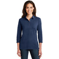 no-logo CLOSEOUT - Port Authority Ladies 3/4-Sleeve Meridian Cotton Blend Polo-Port Authority-Estate Blue-S-Thread Logic