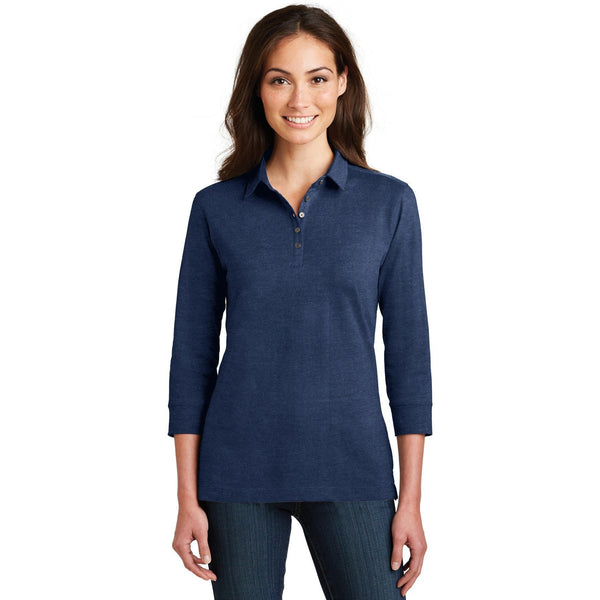 no-logo CLOSEOUT - Port Authority Ladies 3/4-Sleeve Meridian Cotton Blend Polo-Port Authority-Estate Blue-S-Thread Logic