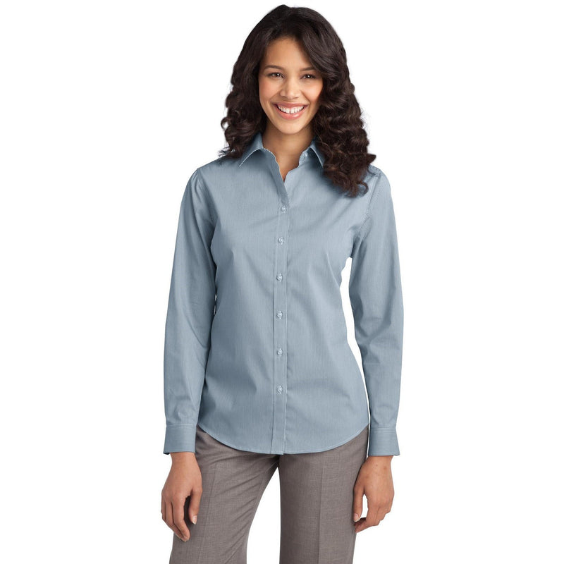 no-logo CLOSEOUT - Port Authority Ladies Fine Stripe Stretch Poplin Shirt-Port Authority-Moonlight Blue/White-XXL-Thread Logic