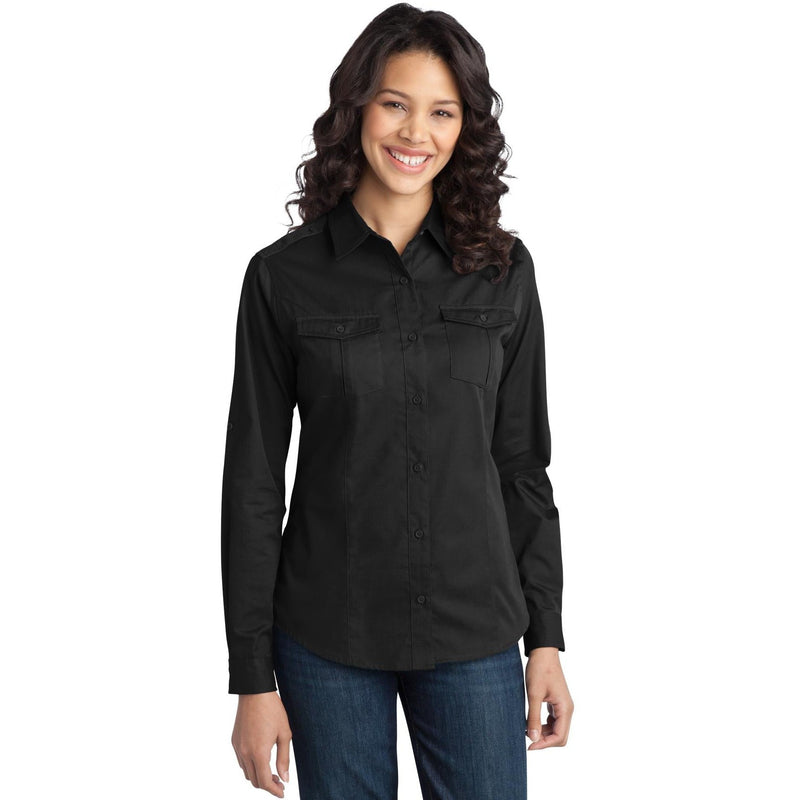 no-logo CLOSEOUT - Port Authority Ladies Stain-Release Roll Sleeve Twill Shirt-Port Authority-Black-XS-Thread Logic