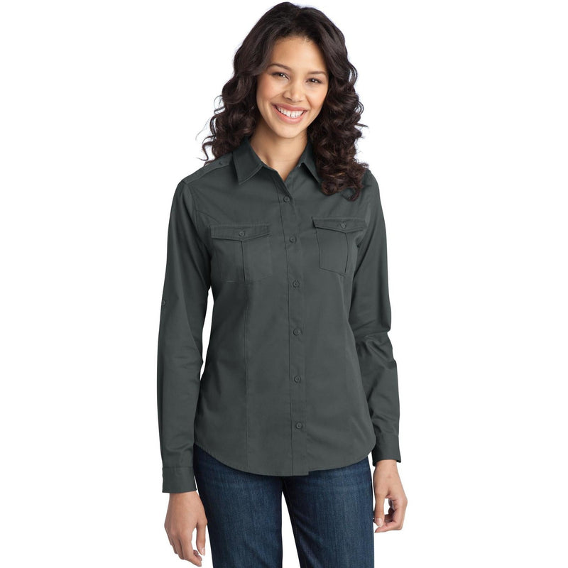 no-logo CLOSEOUT - Port Authority Ladies Stain-Release Roll Sleeve Twill Shirt-Port Authority-Steel Grey-XS-Thread Logic