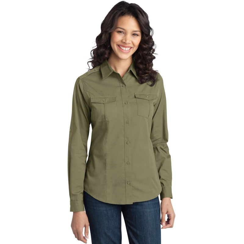 no-logo CLOSEOUT - Port Authority Ladies Stain-Release Roll Sleeve Twill Shirt-Port Authority-Vintage Khaki-XS-Thread Logic