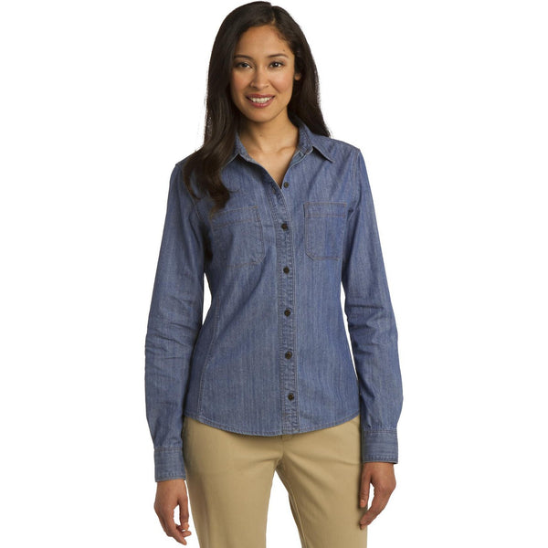 no-logo CLOSEOUT - Port Authority Ladies Patch Pockets Denim Shirt-Port Authority-Light Indigo-XS-Thread Logic