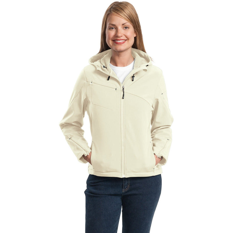 no-logo CLOSEOUT - Port Authority Ladies Textured Hooded Soft Shell Jacket-Port Authority-Chalk White/Charcoal-4XL-Thread Logic