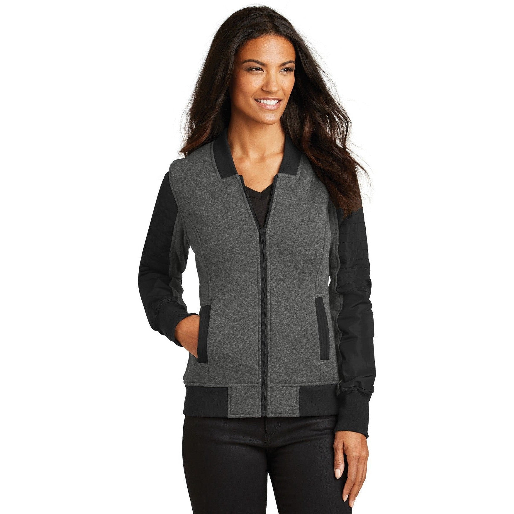 no-logo CLOSEOUT - OGIO Ladies Crossbar Jacket-OGIO-Blacktop Heather-M-Thread Logic