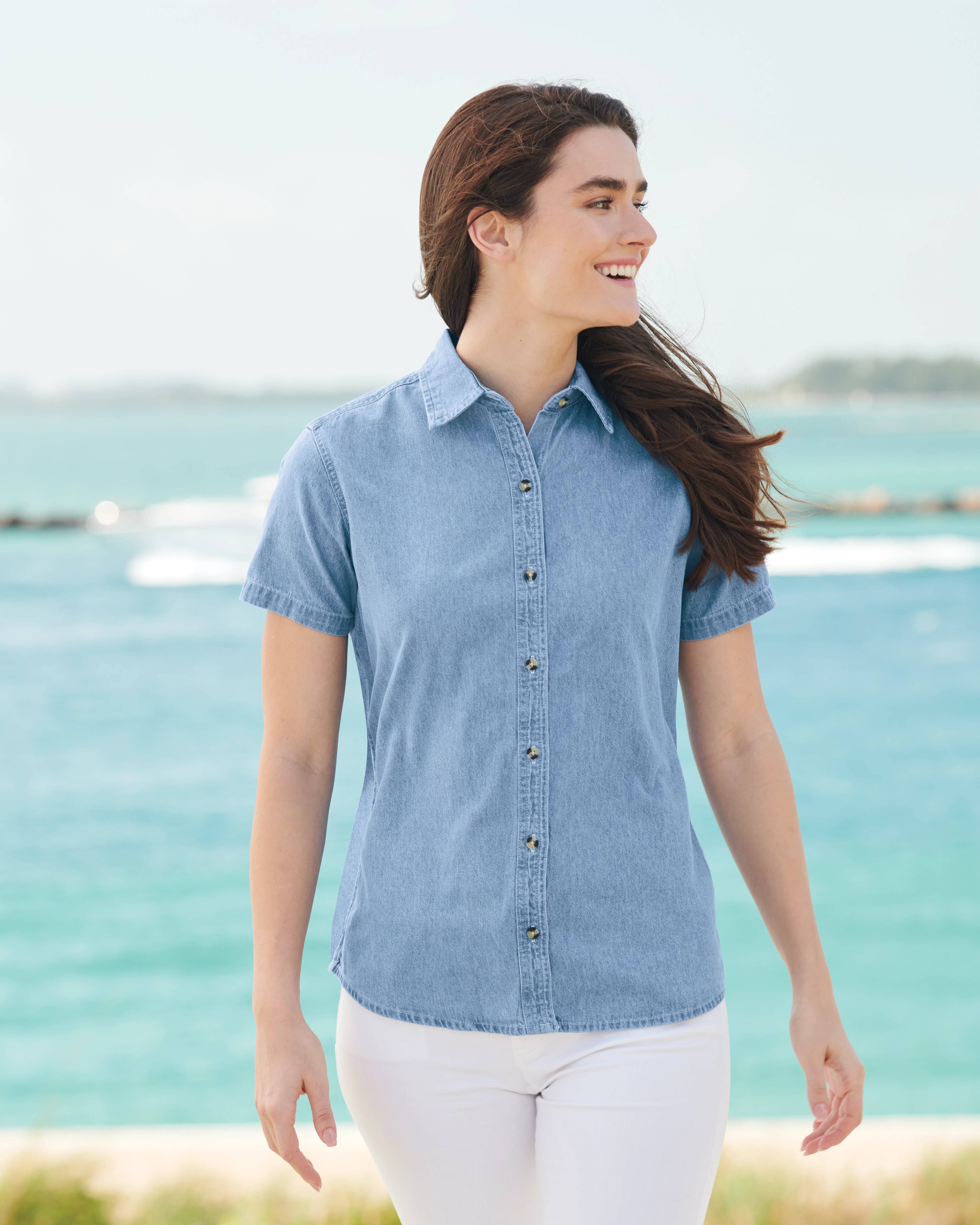 【NERDY】 Denim short sleeve shirt set /追跡付 Joe's USA Ladies Short Sleeve Value Denim Shirt-XS-Dark Blue
