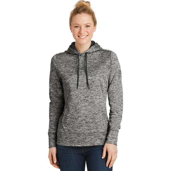 no-logo CLOSEOUT - Sport-Tek Ladies PosiCharge Electric Heather Fleece Hooded Pullover-Sport-Tek-Black Electric-XS-Thread Logic