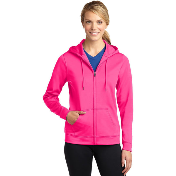 no-logo CLOSEOUT - Sport-Tek Ladies Sport-Wick Fleece Full-Zip Hooded Jacket-Sport-Tek-Neon Pink-S-Thread Logic