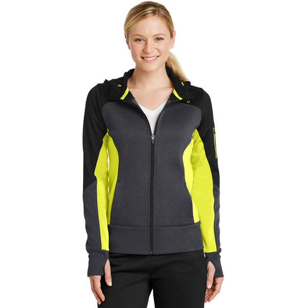 no-logo CLOSEOUT - Sport-Tek Ladies Tech Fleece Colorblock Full-Zip Hooded Jacket-Sport-Tek-Black/Graphite Heather/Citron-S-Thread Logic