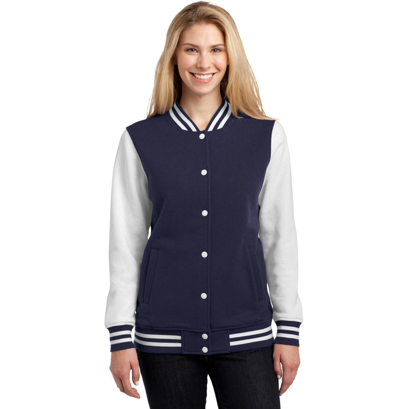 no-logo CLOSEOUT - Sport-Tek Ladies Fleece Letterman Jacket-Sport-Tek-True Navy/White-XXL-Thread Logic