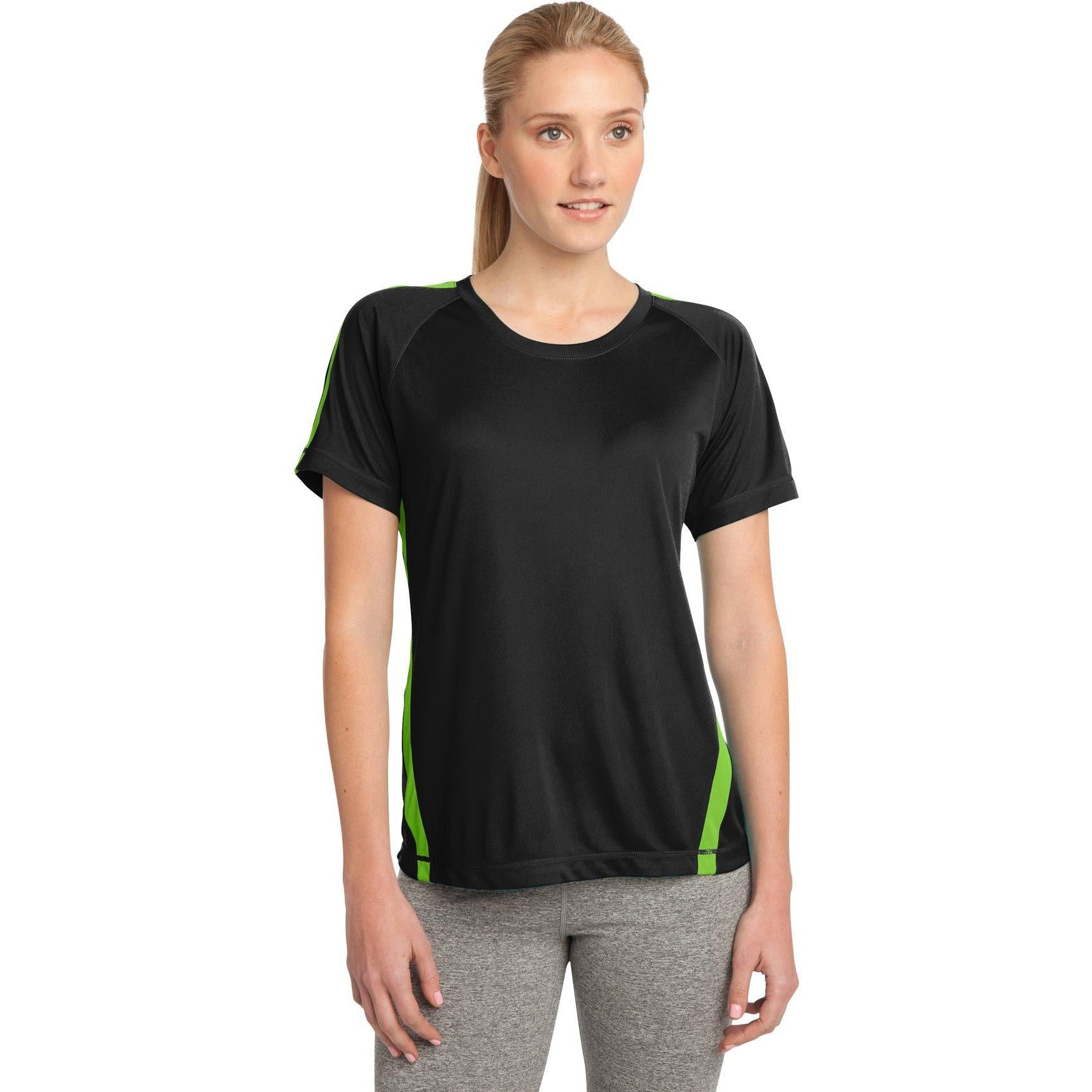 no-logo CLOSEOUT - Sport-Tek Ladies Colorblock PosiCharge Competitor Tee-Sport-Tek-Black/Lime Shock-XL-Thread Logic