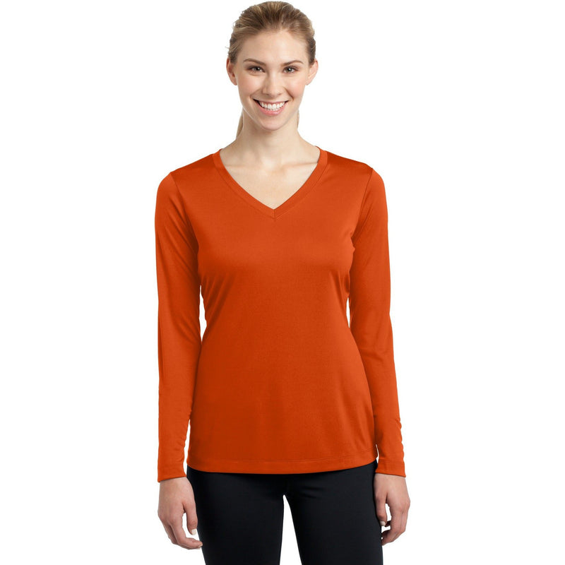 no-logo CLOSEOUT - Sport-Tek Ladies Long Sleeve PosiCharge Competitor V-Neck Tee-Sport-Tek-Deep Orange-3XL-Thread Logic