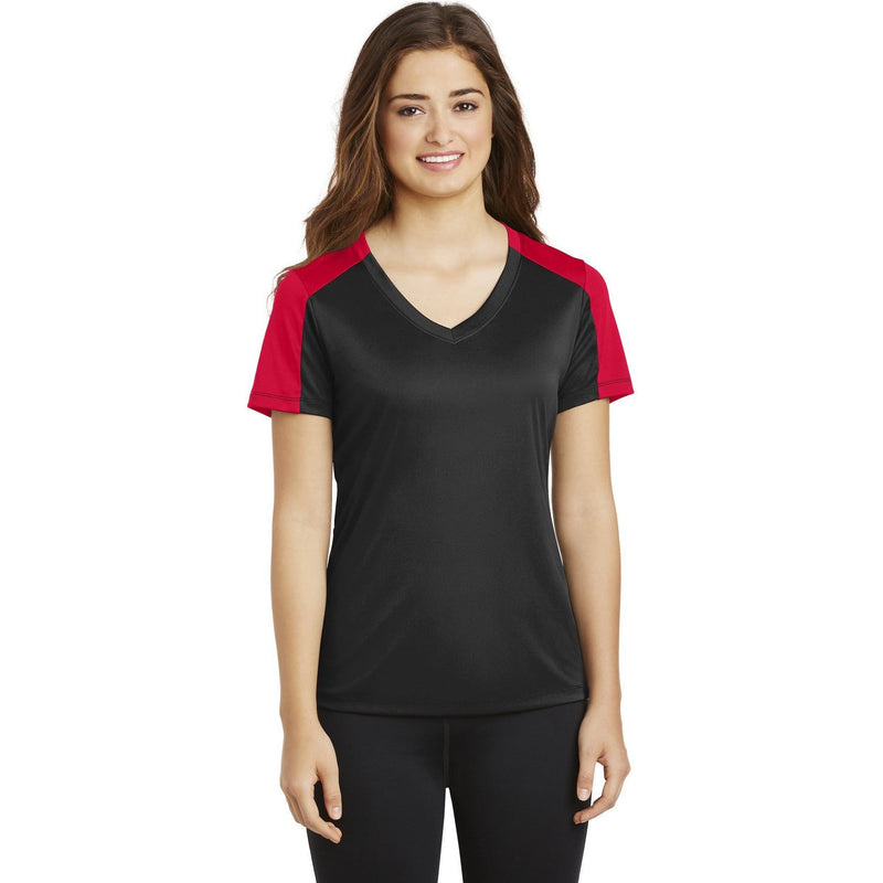 no-logo CLOSEOUT - Sport-Tek Ladies PosiCharge Competitor Sleeve-Blocked V-Neck Tee-Sport-Tek-Black/True Red-S-Thread Logic