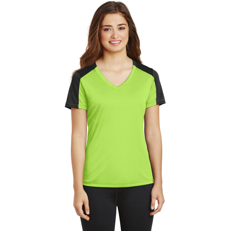 no-logo CLOSEOUT - Sport-Tek Ladies PosiCharge Competitor Sleeve-Blocked V-Neck Tee-Sport-Tek-Lime Shock/Black-XS-Thread Logic