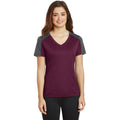 no-logo CLOSEOUT - Sport-Tek Ladies PosiCharge Competitor Sleeve-Blocked V-Neck Tee-Sport-Tek-Maroon/Iron Grey-XS-Thread Logic