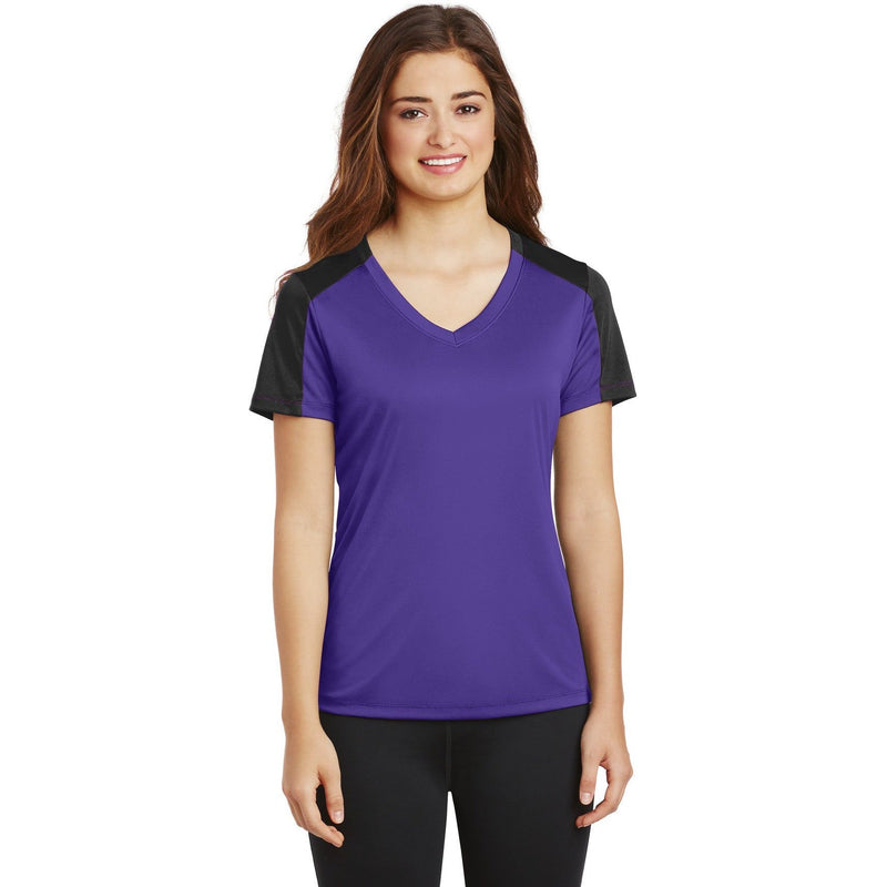 no-logo CLOSEOUT - Sport-Tek Ladies PosiCharge Competitor Sleeve-Blocked V-Neck Tee-Sport-Tek-Purple/Black-XS-Thread Logic