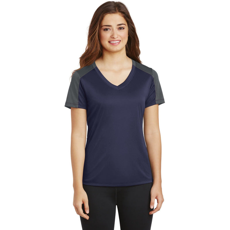 no-logo CLOSEOUT - Sport-Tek Ladies PosiCharge Competitor Sleeve-Blocked V-Neck Tee-Sport-Tek-True Navy/Iron Grey-XS-Thread Logic