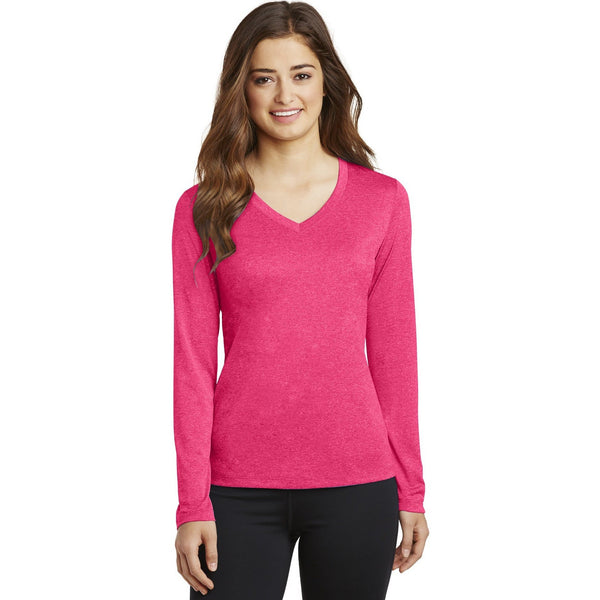 no-logo CLOSEOUT - Sport-Tek Ladies Long Sleeve Heather Contender V-Neck Tee-Sport-Tek-Pink Raspberry Heather-XS-Thread Logic