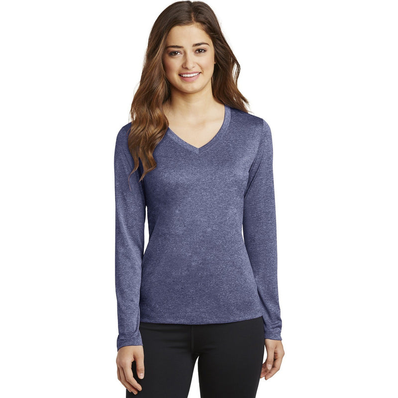 no-logo CLOSEOUT - Sport-Tek Ladies Long Sleeve Heather Contender V-Neck Tee-Sport-Tek-True Navy Heather-XS-Thread Logic