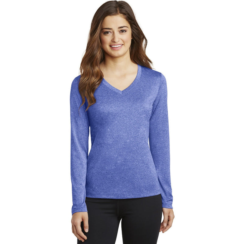 no-logo CLOSEOUT - Sport-Tek Ladies Long Sleeve Heather Contender V-Neck Tee-Sport-Tek-True Royal Heather-XS-Thread Logic