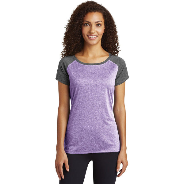 no-logo CLOSEOUT - Sport-Tek Ladies Heather-On-Heather Contender Scoop Neck Tee-Sport-Tek-Purple Heather/Graphite Heather-M-Thread Logic