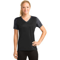 no-logo CLOSEOUT - Sport-Tek Ladies CamoHex Colorblock V-Neck Tee-Sport-Tek-Black/Iron Grey-4XL-Thread Logic