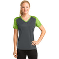 no-logo CLOSEOUT - Sport-Tek Ladies CamoHex Colorblock V-Neck Tee-Sport-Tek-Iron Grey/Lime Shock-4XL-Thread Logic