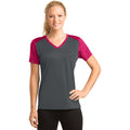 no-logo CLOSEOUT - Sport-Tek Ladies CamoHex Colorblock V-Neck Tee-Sport-Tek-Iron Grey/Pink Raspberry-S-Thread Logic