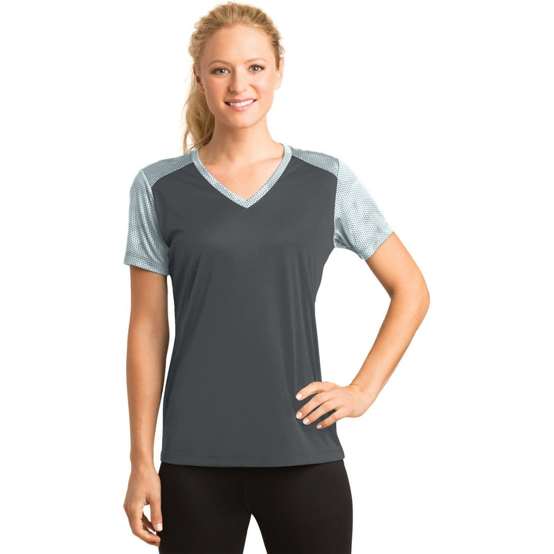 no-logo CLOSEOUT - Sport-Tek Ladies CamoHex Colorblock V-Neck Tee-Sport-Tek-Iron Grey/White-XS-Thread Logic