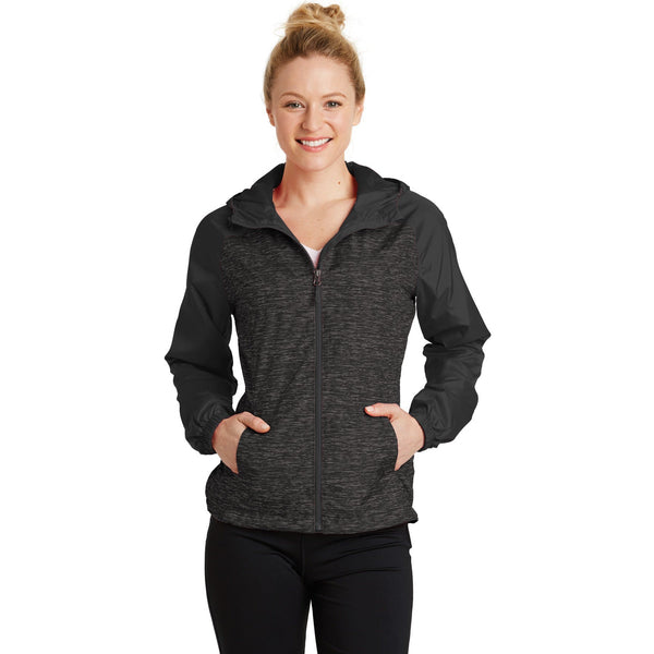 no-logo CLOSEOUT - Sport-Tek Ladies Heather Colorblock Raglan Hooded Wind Jacket-Sport-Tek-Black Heather/Black-XS-Thread Logic