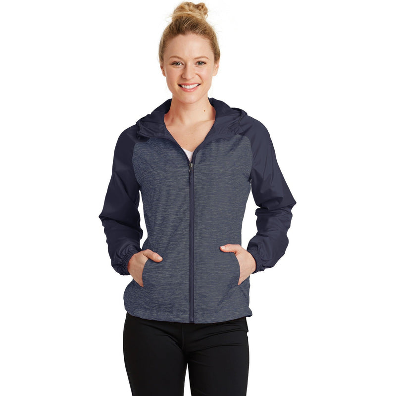 no-logo CLOSEOUT - Sport-Tek Ladies Heather Colorblock Raglan Hooded Wind Jacket-Sport-Tek-True Navy Heather/True Navy-L-Thread Logic