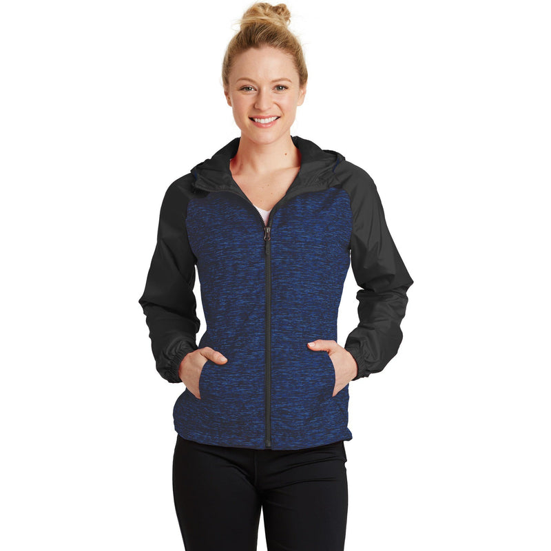 no-logo CLOSEOUT - Sport-Tek Ladies Heather Colorblock Raglan Hooded Wind Jacket-Sport-Tek-True Royal Heather/Black-XS-Thread Logic