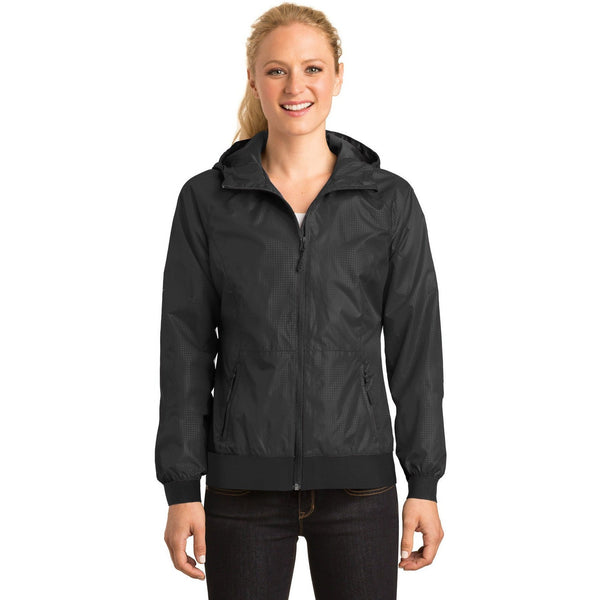 no-logo CLOSEOUT - Sport-Tek Ladies Embossed Hooded Wind Jacket-Sport-Tek-Black/Black-XL-Thread Logic