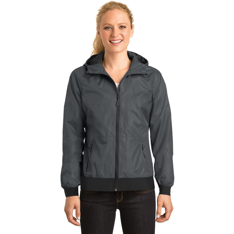 no-logo CLOSEOUT - Sport-Tek Ladies Embossed Hooded Wind Jacket-Sport-Tek-Graphite Grey/Black-XL-Thread Logic