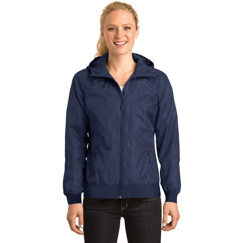 no-logo CLOSEOUT - Sport-Tek Ladies Embossed Hooded Wind Jacket-Sport-Tek-True Navy/True Navy-L-Thread Logic