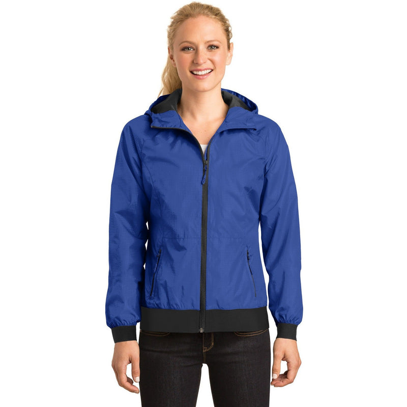 no-logo CLOSEOUT - Sport-Tek Ladies Embossed Hooded Wind Jacket-Sport-Tek-True Royal/Black-L-Thread Logic