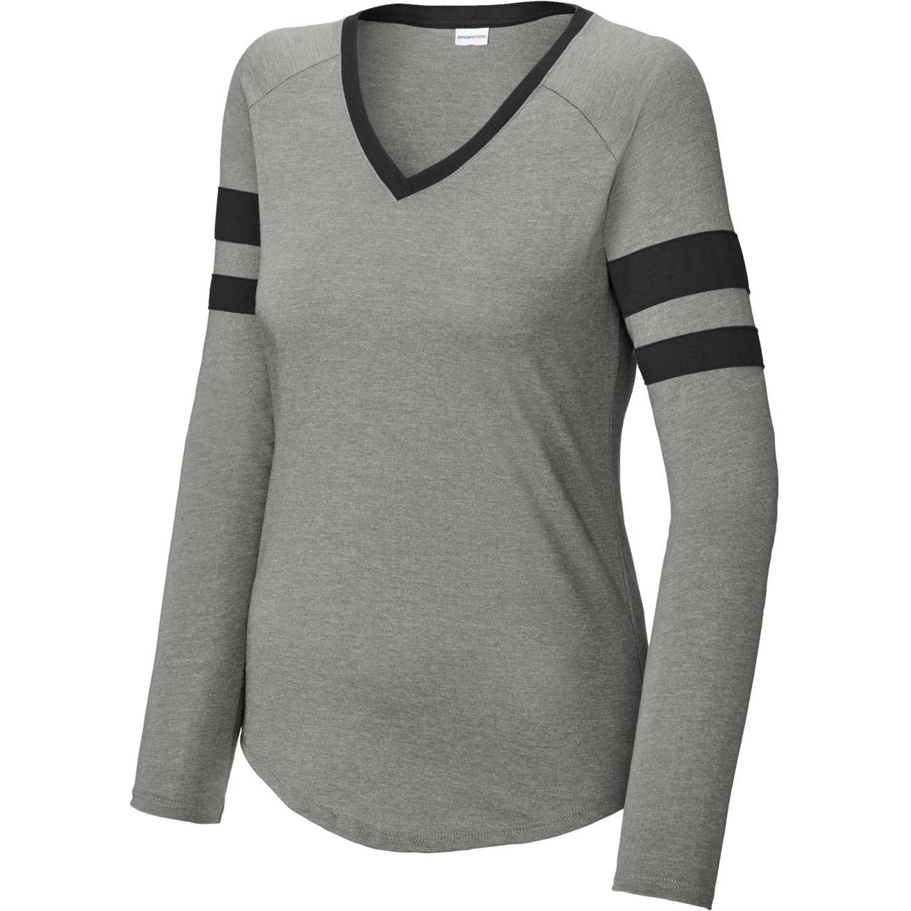 Sport-Tek Ladies Halftime Stripe Long Sleeve V-Neck Tee-Sport-Tek-Black/Vintage Heather-XS-Thread Logic