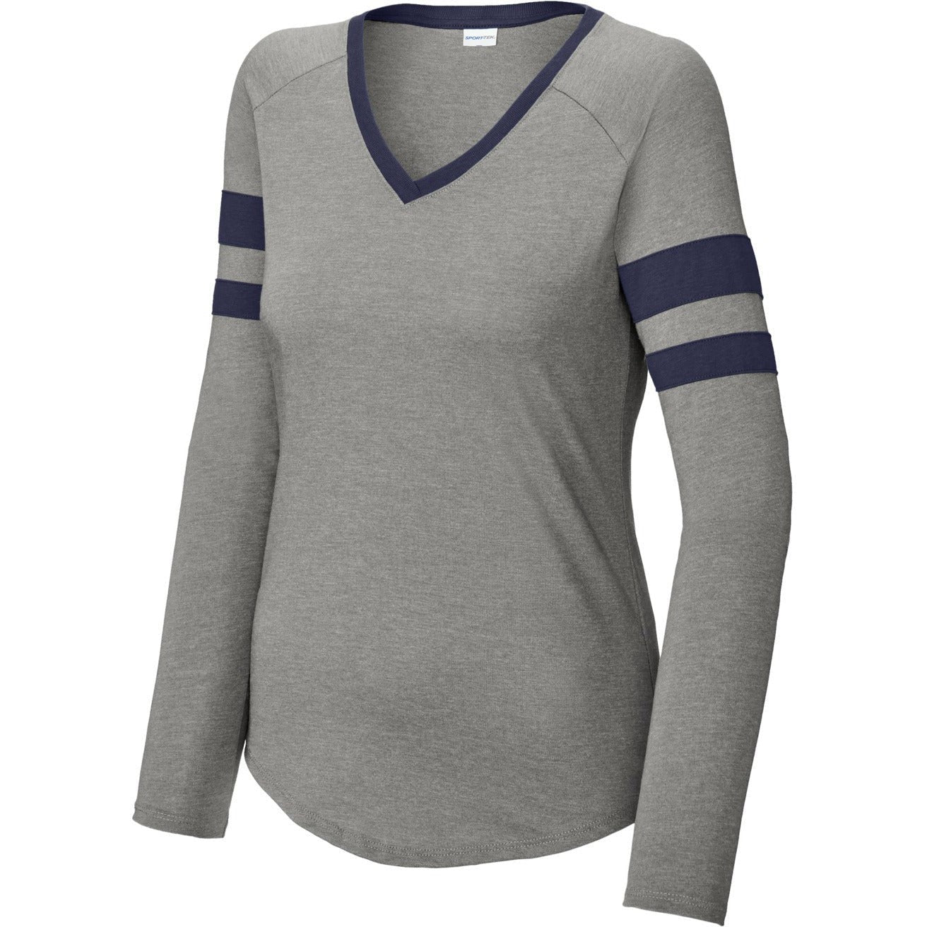 Sport-Tek Ladies Halftime Stripe Long Sleeve V-Neck Tee-Sport-Tek-True Navy/Vintage Heather-XS-Thread Logic