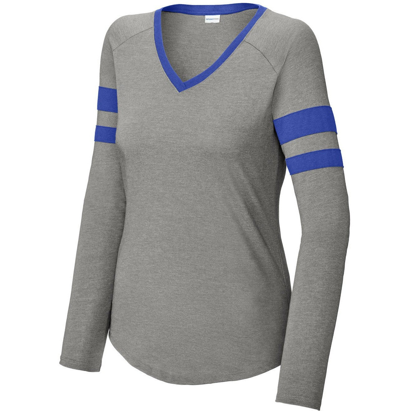 Sport-Tek Ladies Halftime Stripe Long Sleeve V-Neck Tee-Sport-Tek-True Royal/Vintage Heather-XS-Thread Logic