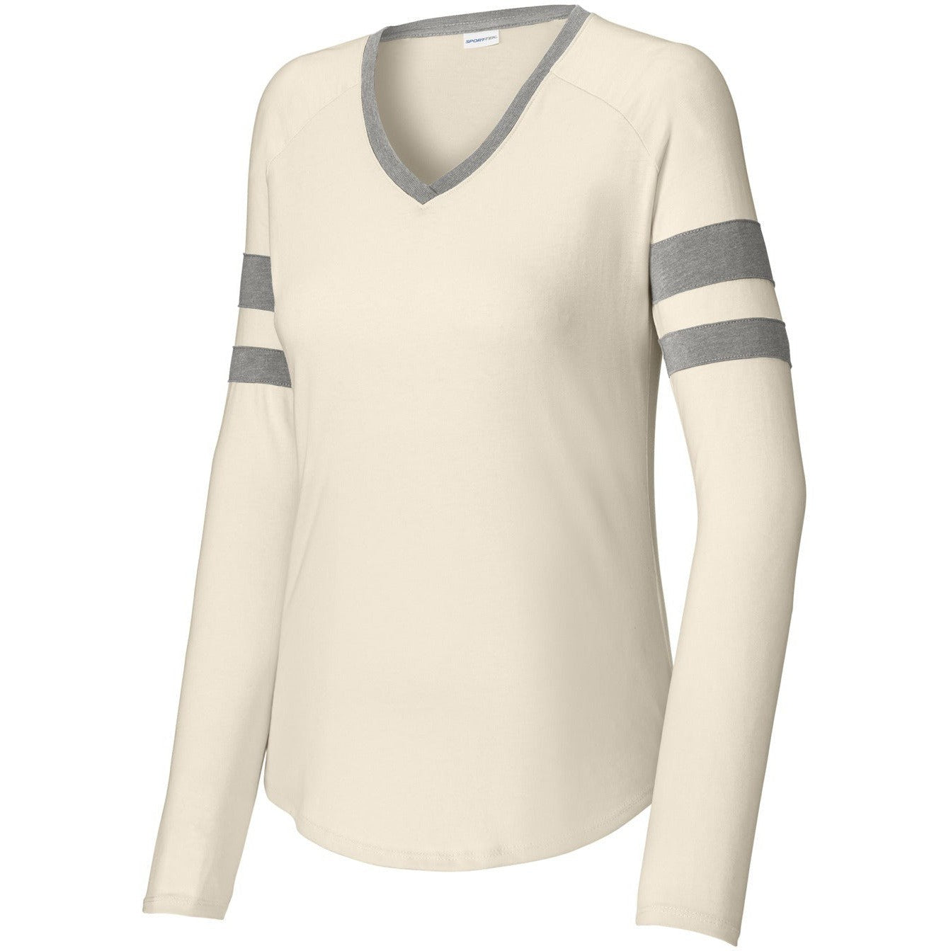 Sport-Tek Ladies Halftime Stripe Long Sleeve V-Neck Tee-Sport-Tek-Vintage Heather/Ecru-XS-Thread Logic