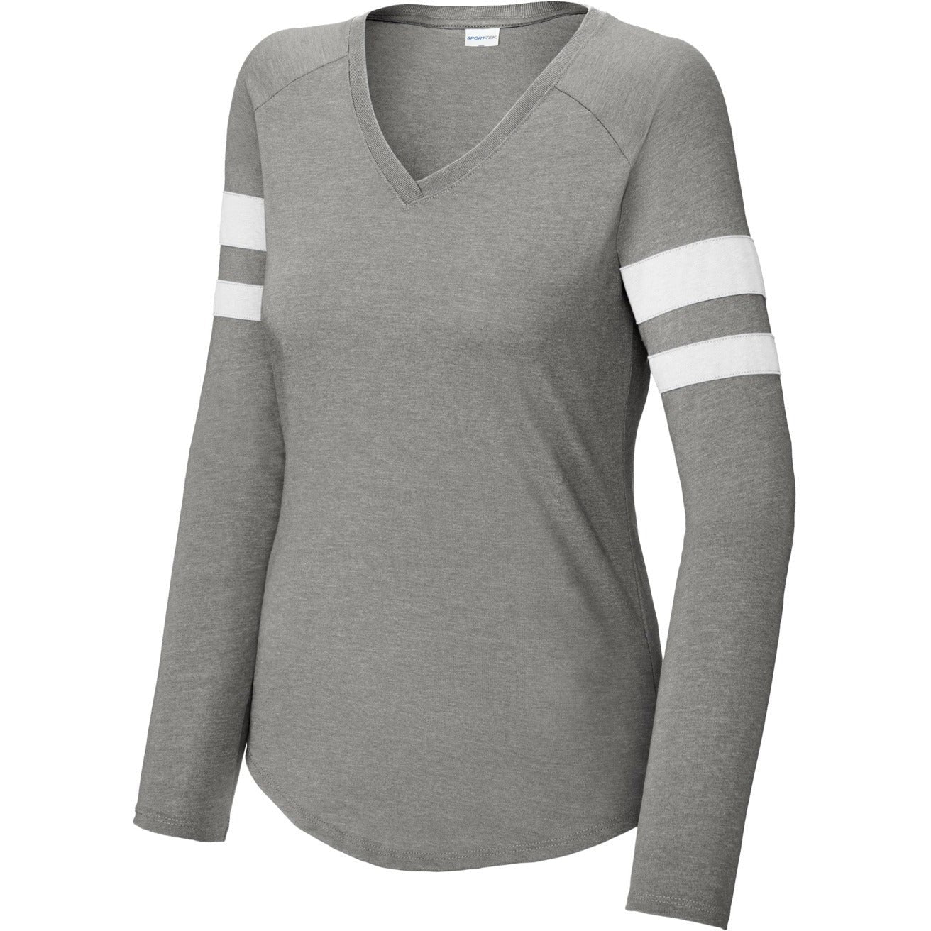 Sport-Tek Ladies Halftime Stripe Long Sleeve V-Neck Tee-Sport-Tek-White/Vintage Heather-XS-Thread Logic