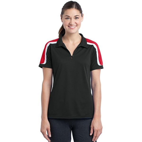 no-logo CLOSEOUT - Sport-Tek Ladies Tricolor Shoulder Micropique Sport-Wick Polo-Sport-Tek-Black/True Red/White-L-Thread Logic