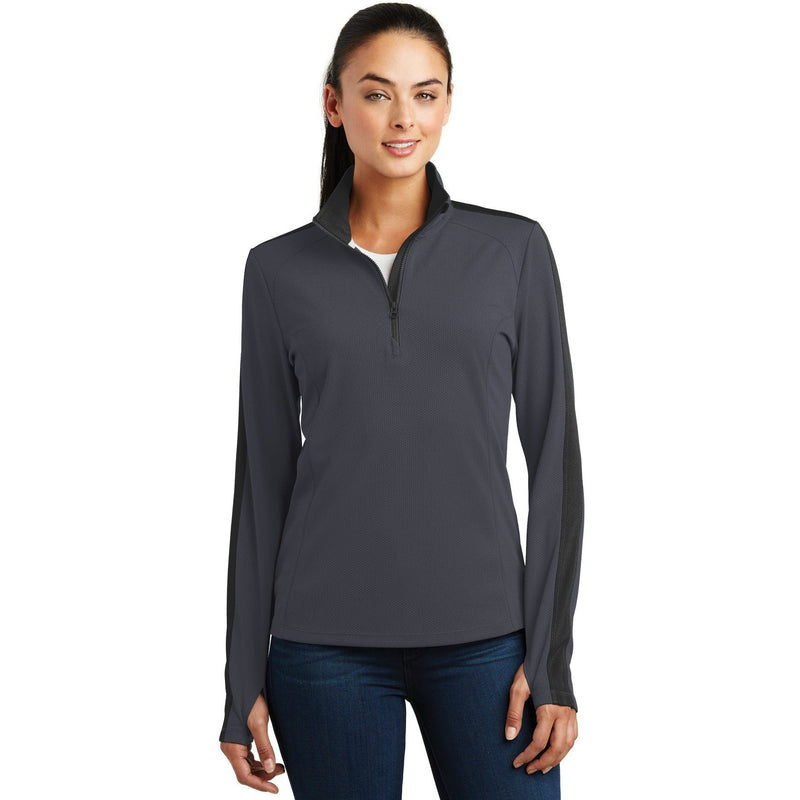 no-logo CLOSEOUT - Sport-Tek Ladies Sport-Wick Textured Colorblock 1/4-Zip Pullover-Sport-Tek-Iron Grey/Black-XS-Thread Logic