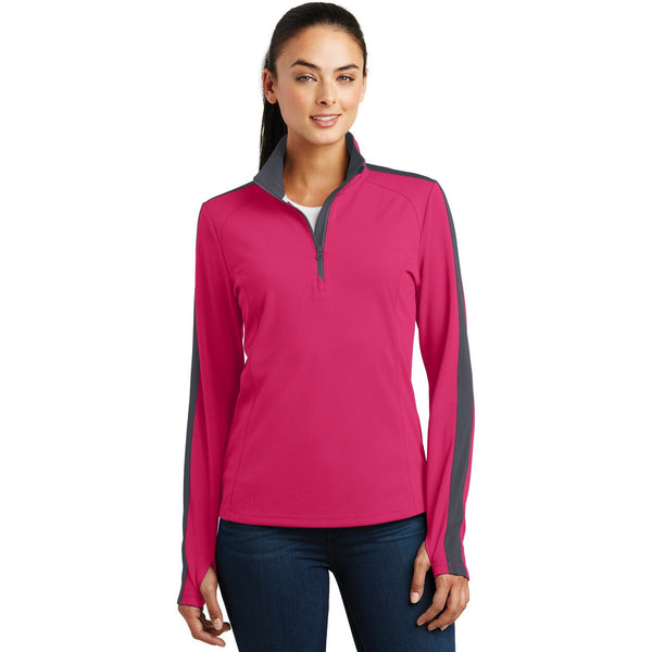 no-logo CLOSEOUT - Sport-Tek Ladies Sport-Wick Textured Colorblock 1/4-Zip Pullover-Sport-Tek-Pink Raspberry/Iron Grey-XS-Thread Logic