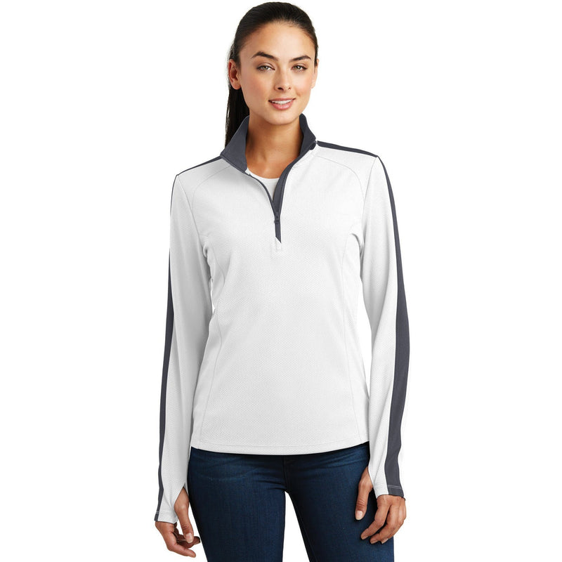 no-logo CLOSEOUT - Sport-Tek Ladies Sport-Wick Textured Colorblock 1/4-Zip Pullover-Sport-Tek-White/Iron Grey-XS-Thread Logic