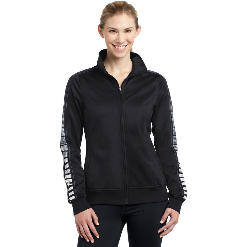 no-logo CLOSEOUT - Sport-Tek Ladies Dot Sublimation Tricot Track Jacket-Sport-Tek-Black/Iron Grey-XS-Thread Logic