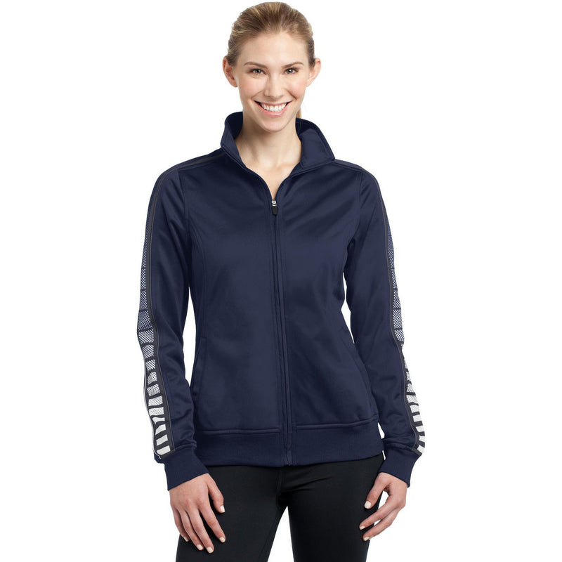 no-logo CLOSEOUT - Sport-Tek Ladies Dot Sublimation Tricot Track Jacket-Sport-Tek-True Navy/Iron Grey-S-Thread Logic